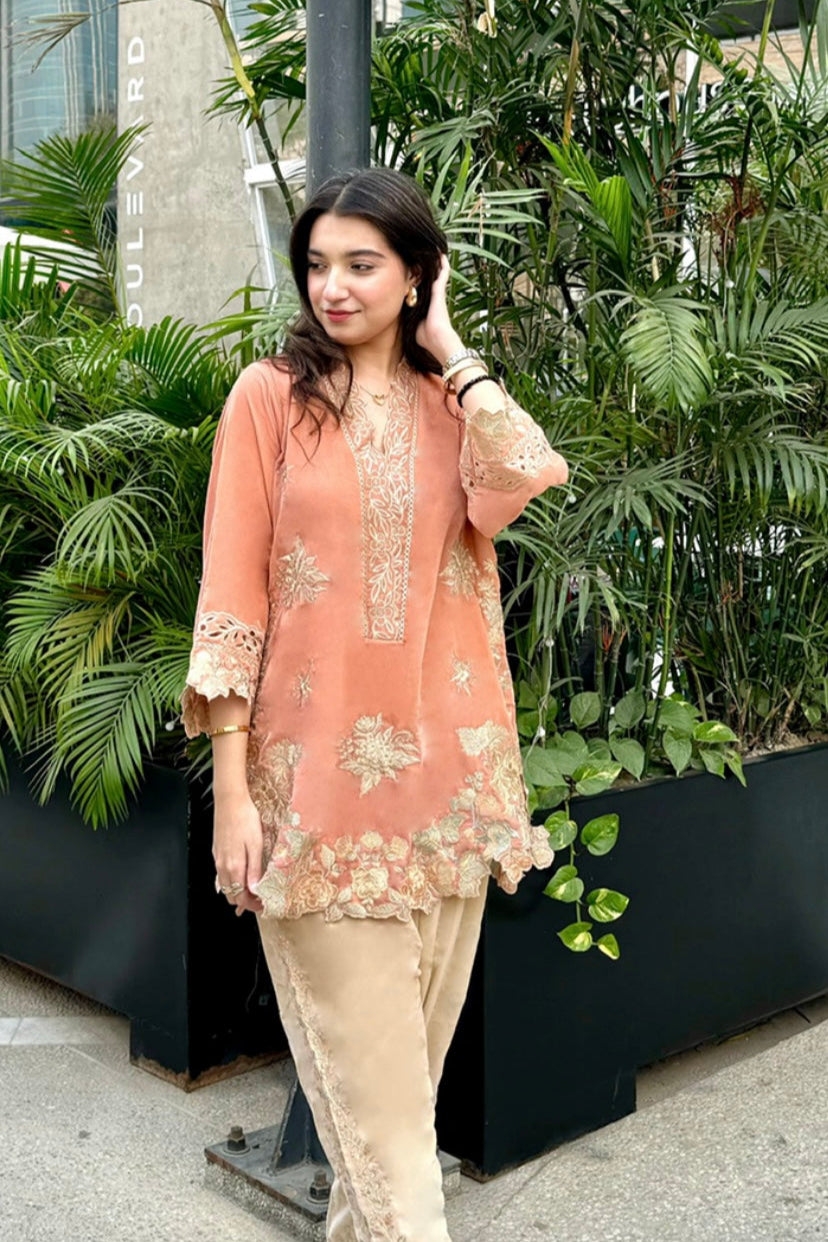 velvet co-ord   apricot pink