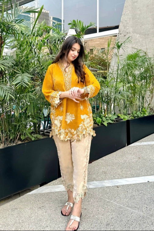 velvet co-ord orange mustard