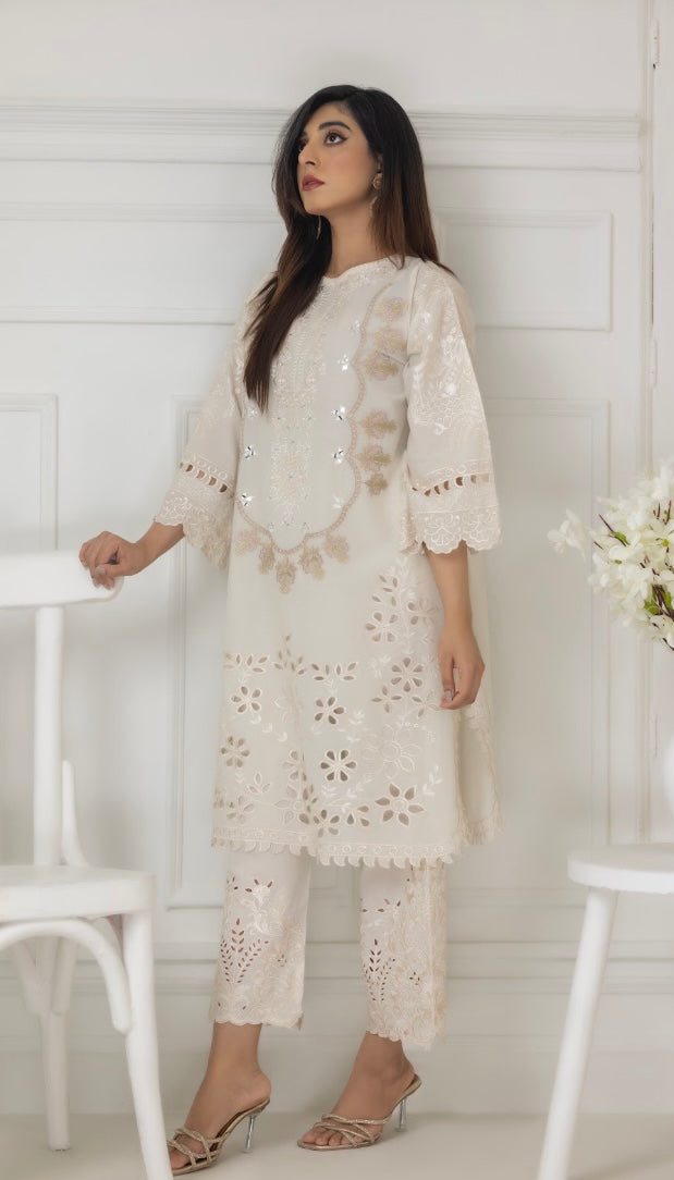 White Mirror & Cut Worked Co-Ord Sets