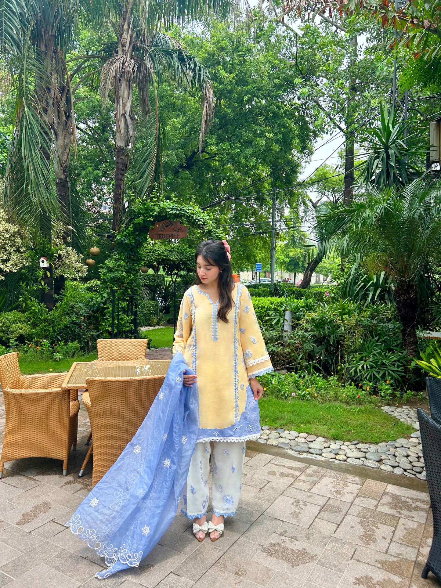 CORAL-YELLOW WHITE FARSHI SHALWAR