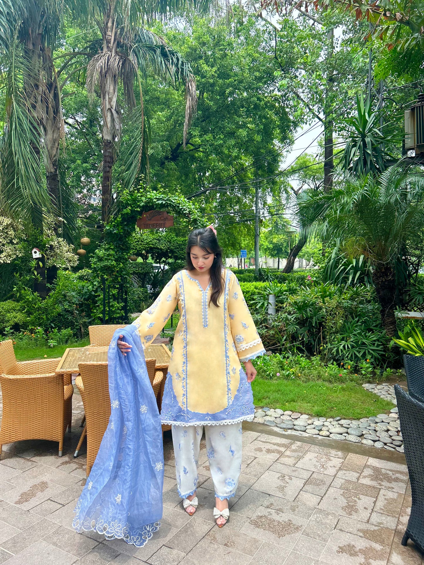 CORAL-YELLOW WHITE FARSHI SHALWAR