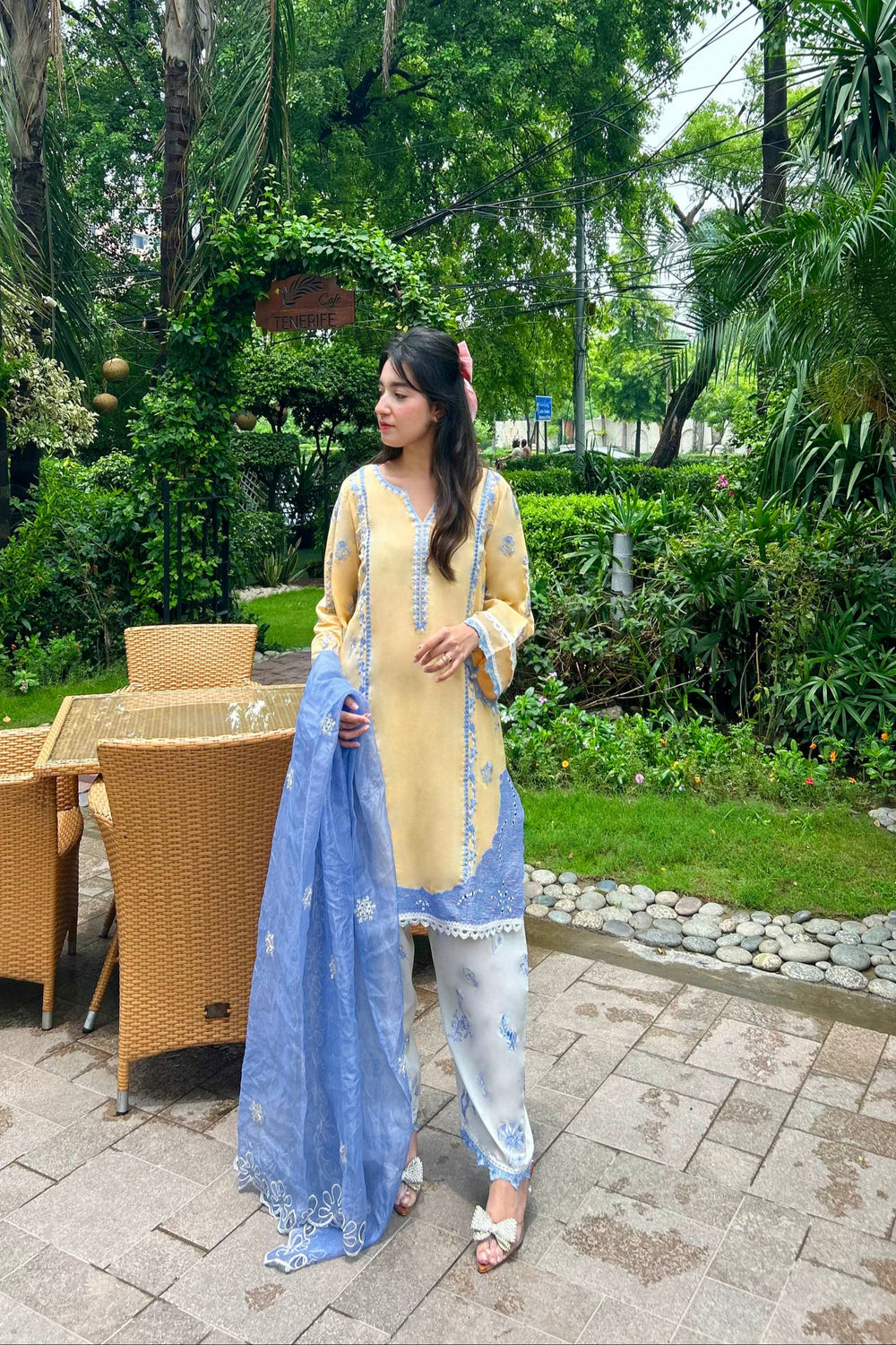 CORAL-YELLOW WHITE FARSHI SHALWAR