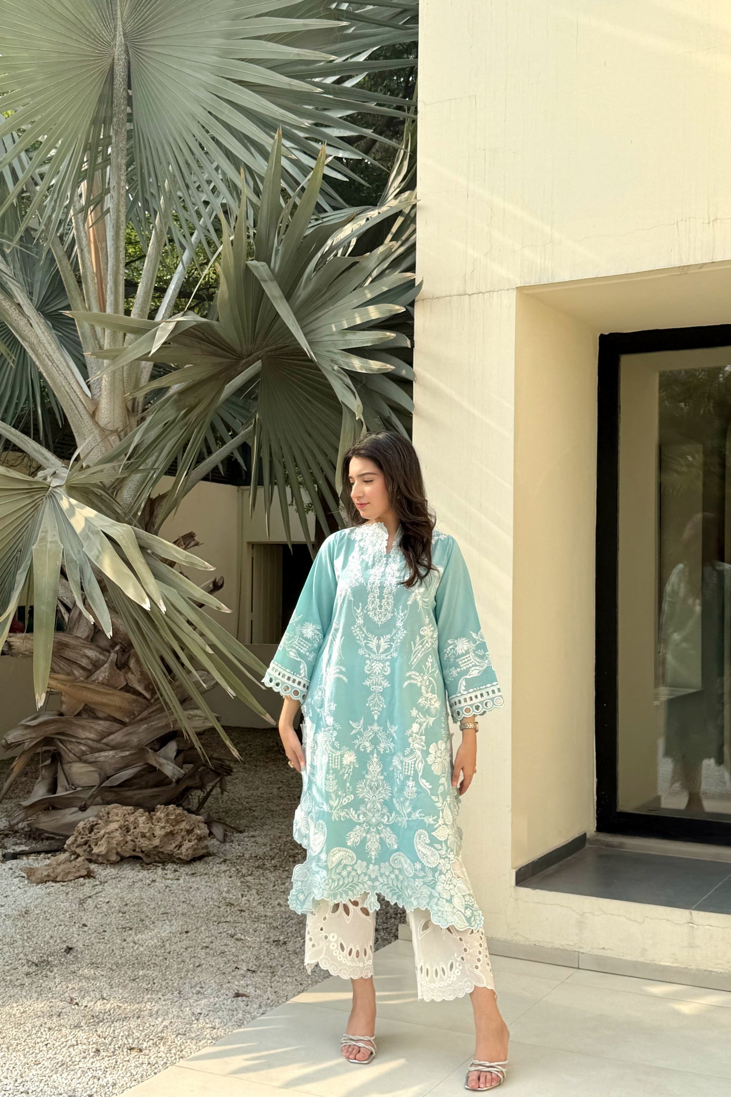 ICE-BLUE EMBROIDERED 2PCS DRESS