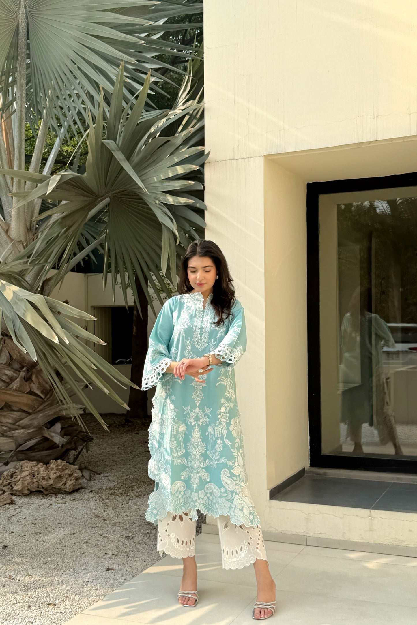 ICE-BLUE EMBROIDERED 2PCS DRESS