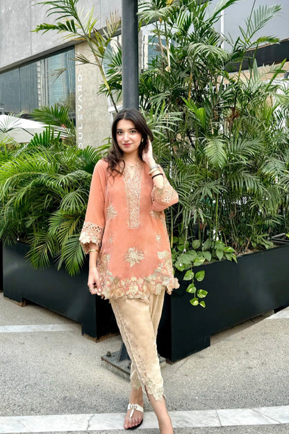velvet co-ord   apricot pink