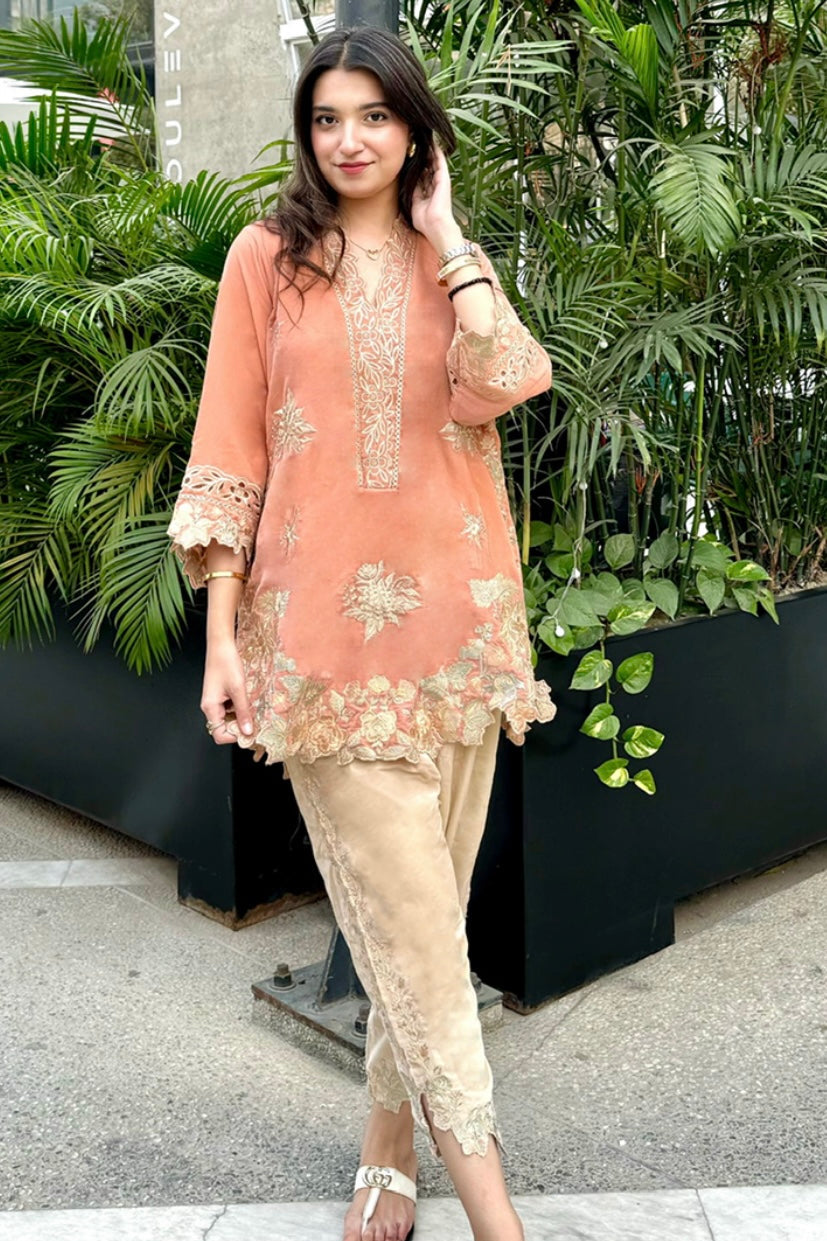 velvet co-ord   apricot pink