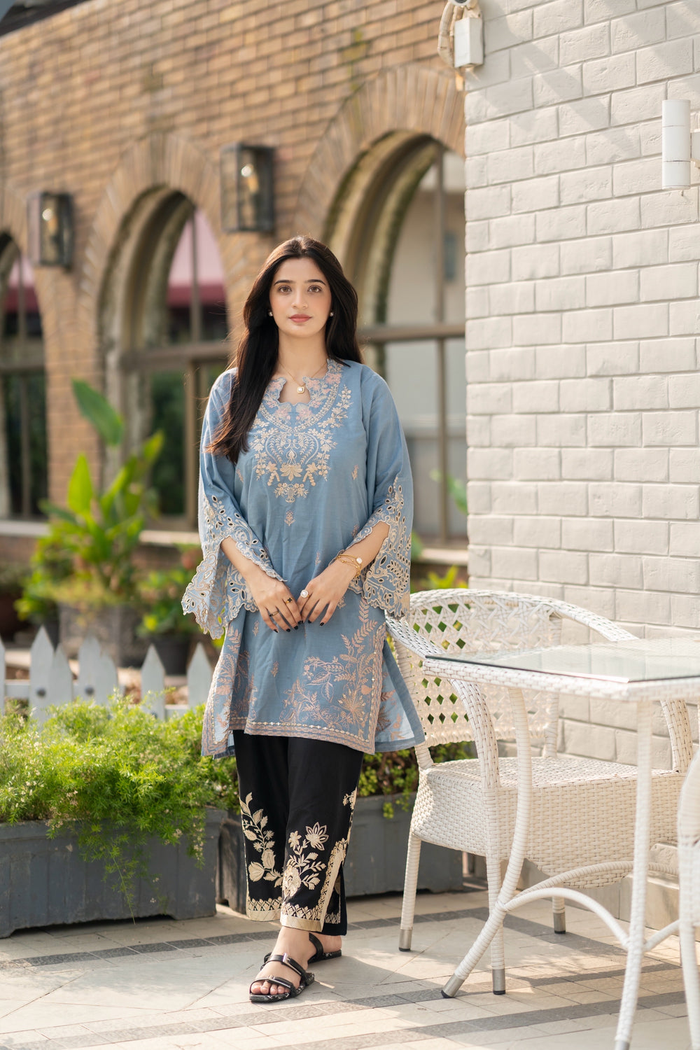 polo-blue kurta black pant