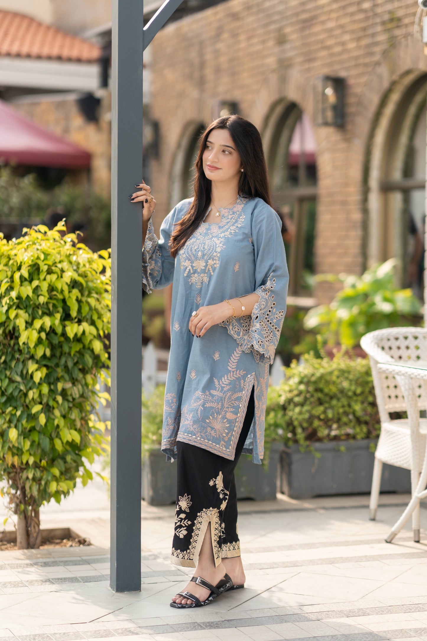 polo-blue kurta black pant