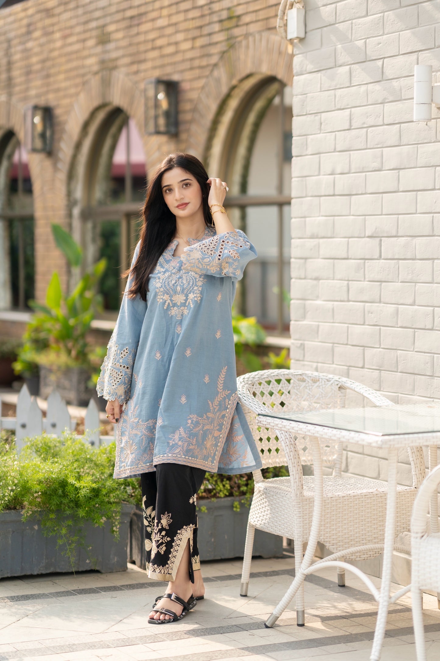 polo-blue kurta black pant